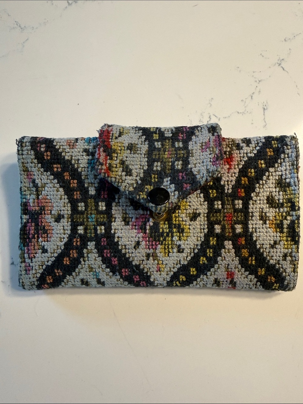 Handcrafted Tapestry Fold-Over Wallet Clutch in Black with Multicolor Accents